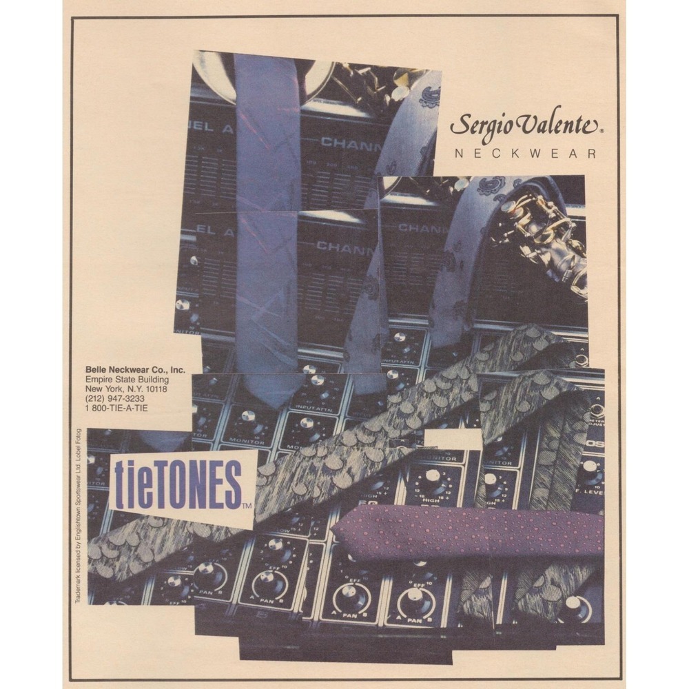 Vintage 1986 Sergio Valente Print Ad Tietones Designer Neckwear 80s Fashion Deco